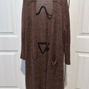 Free People Wool Textured Brown Knit Open Long Cardigan Sweater